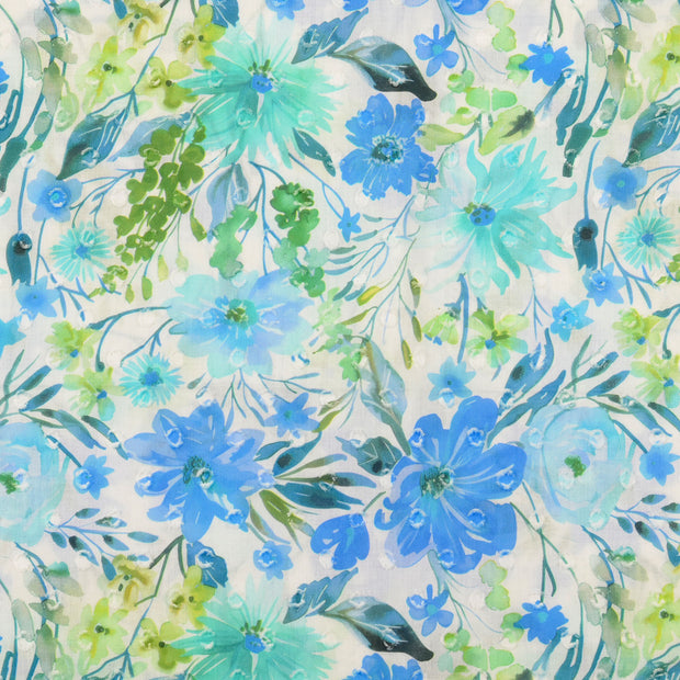 Voile fabric Flowers Light Blue