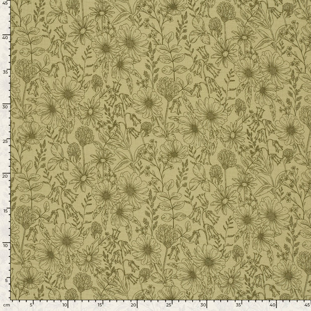 Muslin fabric Flowers Khaki Green