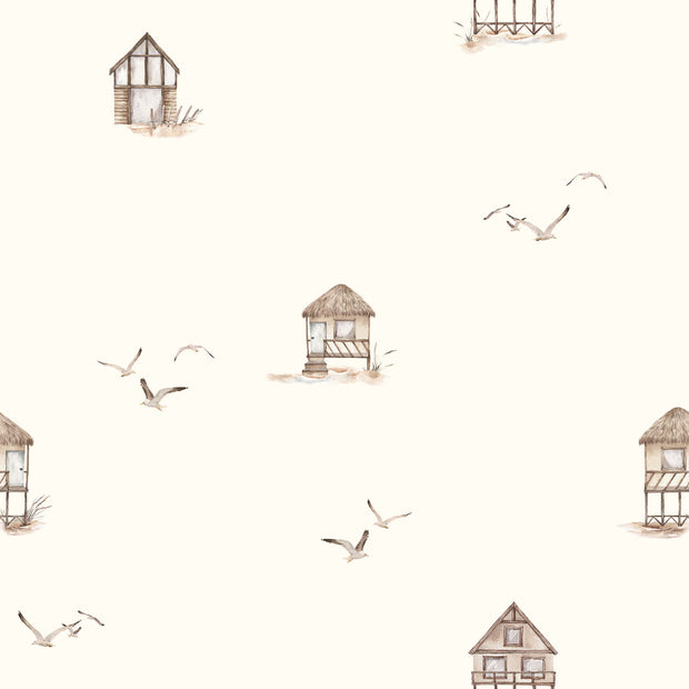 French Terry GOTS organic fabric Birds Off White