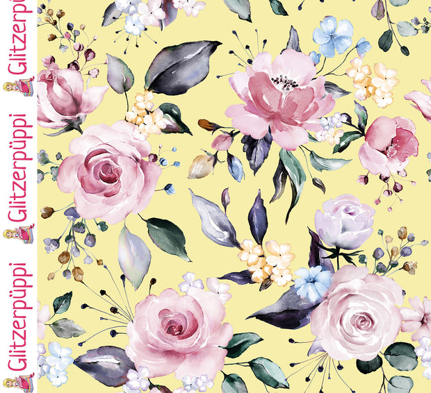 Jersey fabric Roses Light Yellow