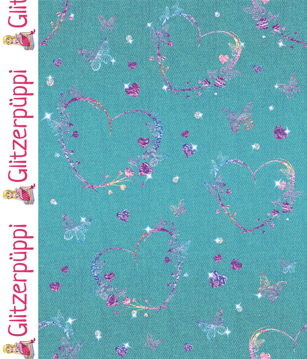 French Terry fabric Hearts Dark Mint