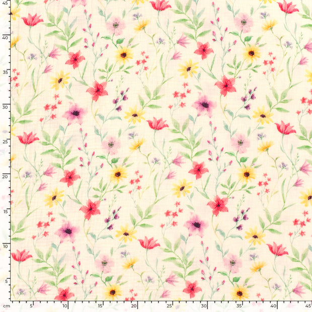 Muslin Bio Naturel fabric Flowers Off White