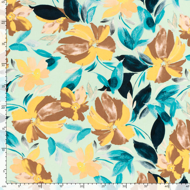 Viscose Satin fabric Flowers Dark Mint