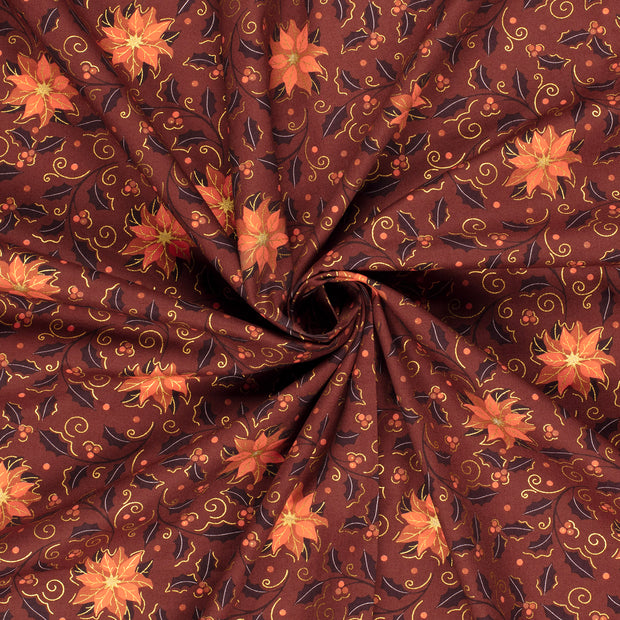 Cotton Poplin fabric Wine red printed and foil 