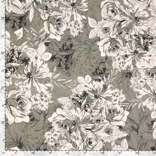 Sergé tissu fleurs Vert Olive