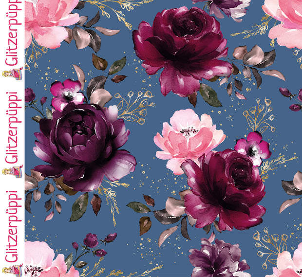 Jogging fabric Roses Steel Blue