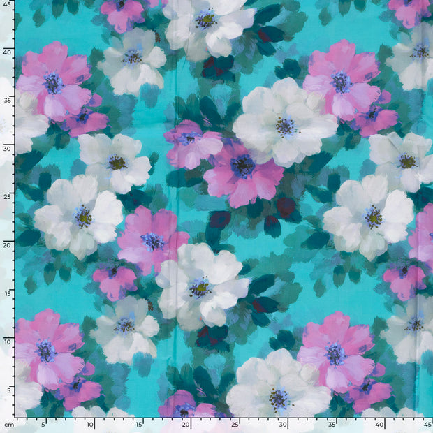 Voile stof Bloemen Petrol