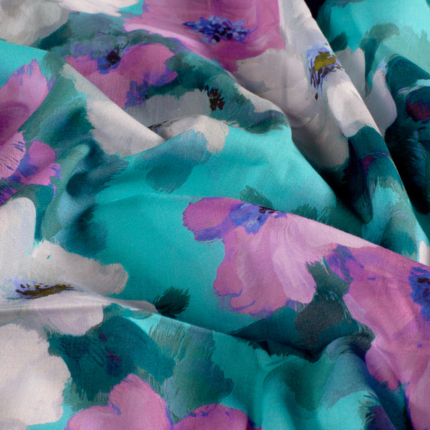 Voile stof Bloemen Petrol