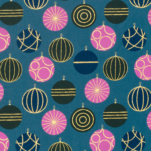 Cotton Poplin fabric Christmas balls Petrol