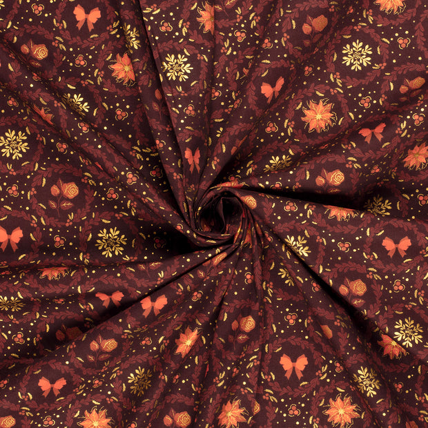Cotton Poplin fabric Wine red printed and foil 