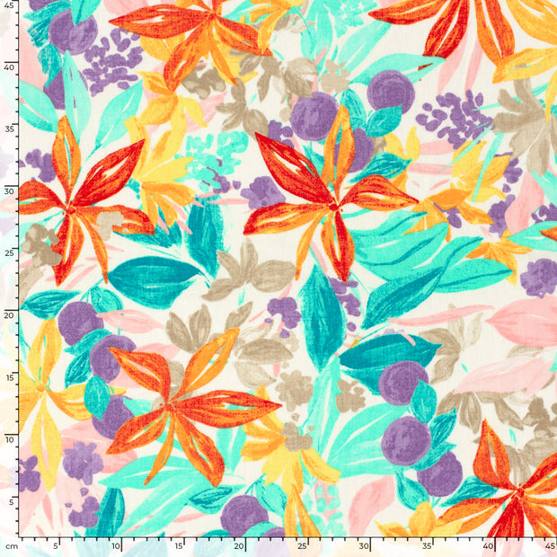 Linen Look fabric Flowers Off White