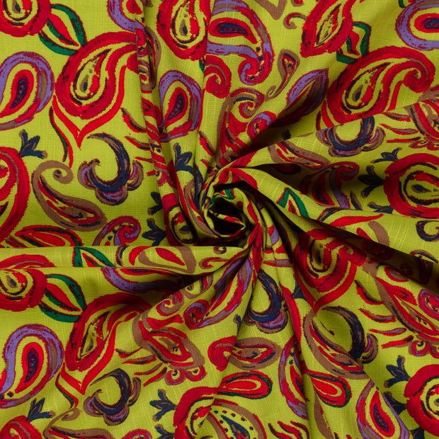 Woven Cotton Viscose fabric Lime Green slub printed 