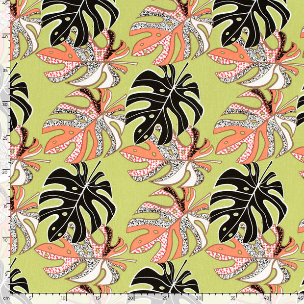 Woven Viscose Linen fabric Leaves Lime Green