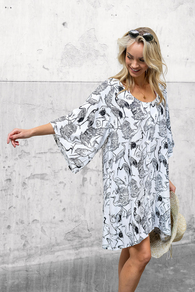 Woven Viscose Linen fabric Birds White