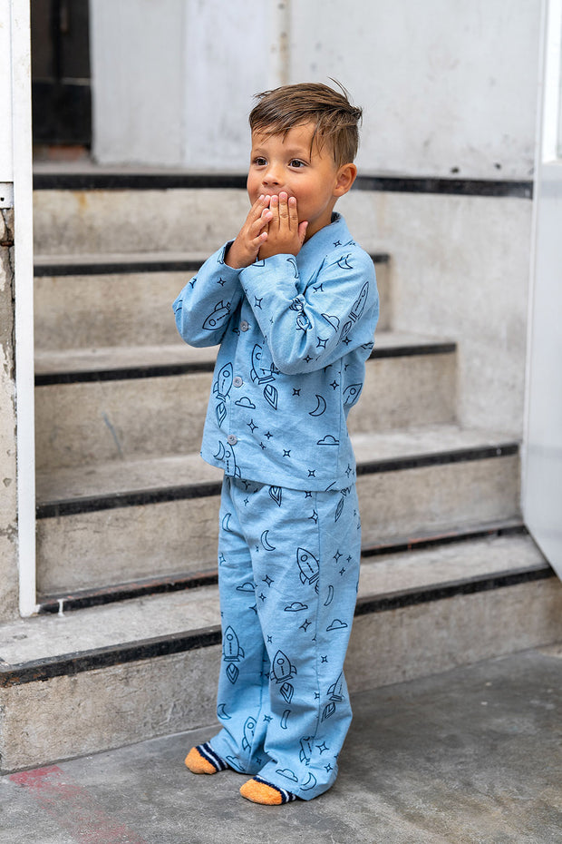 Flannel fabric Rockets Baby Blue