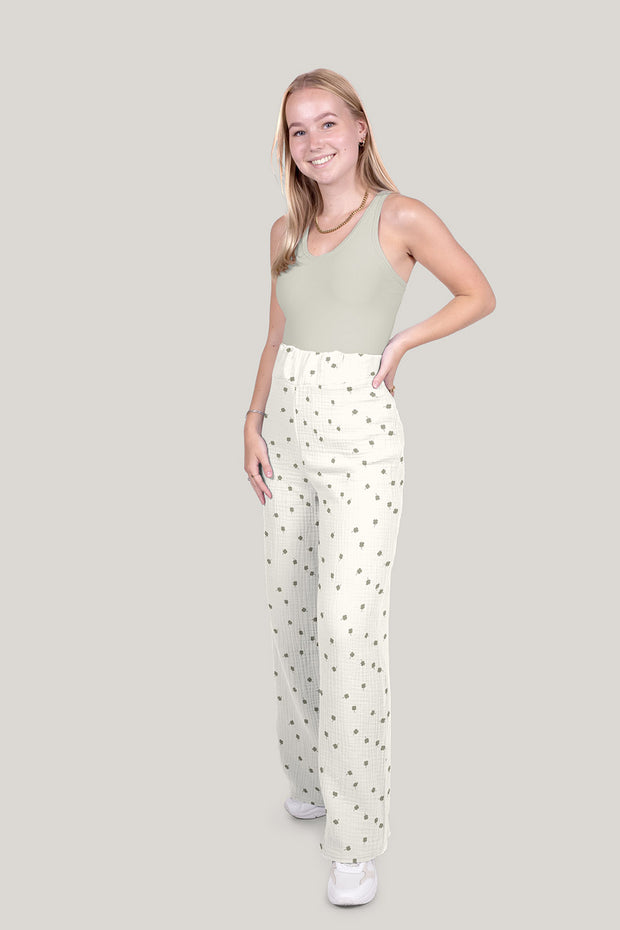 Muslin fabric Leaves Off White