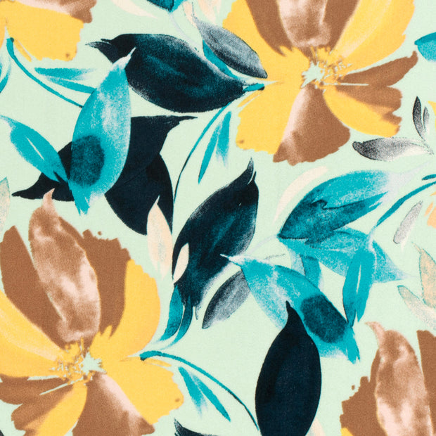 Viscose Satin fabric Flowers Dark Mint