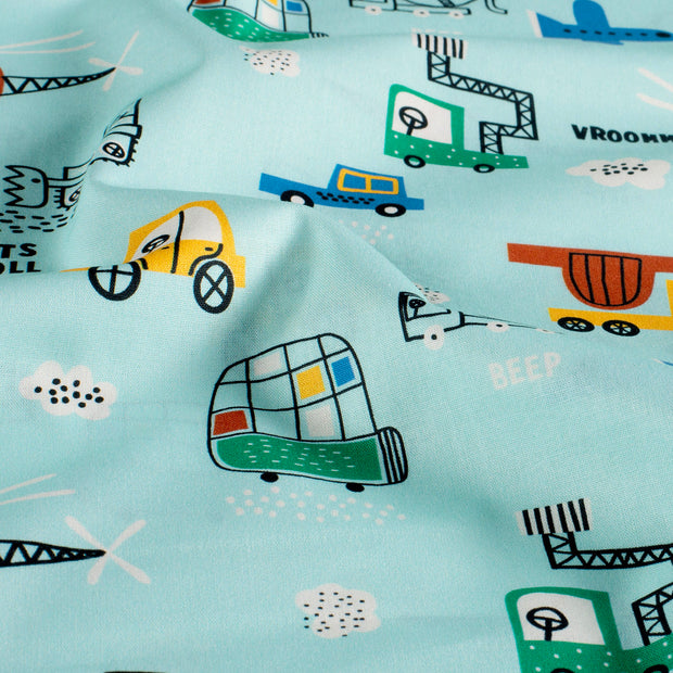 Cotton Poplin fabric Vehicles Baby Blue