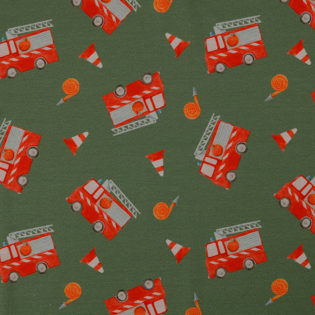 Jersey fabric Firetrucks Green