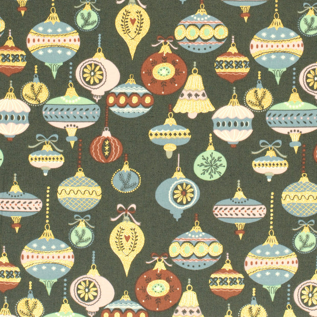 Cotton Poplin fabric Christmas balls Dark Green