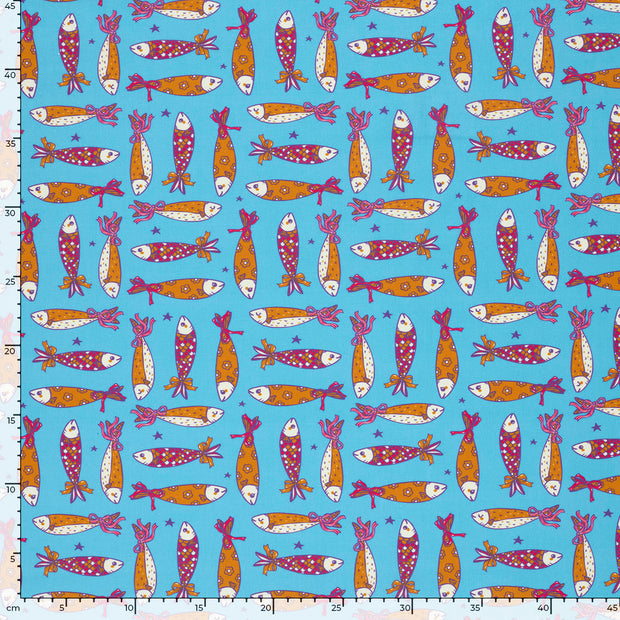 Cotton Poplin fabric Fish Aqua
