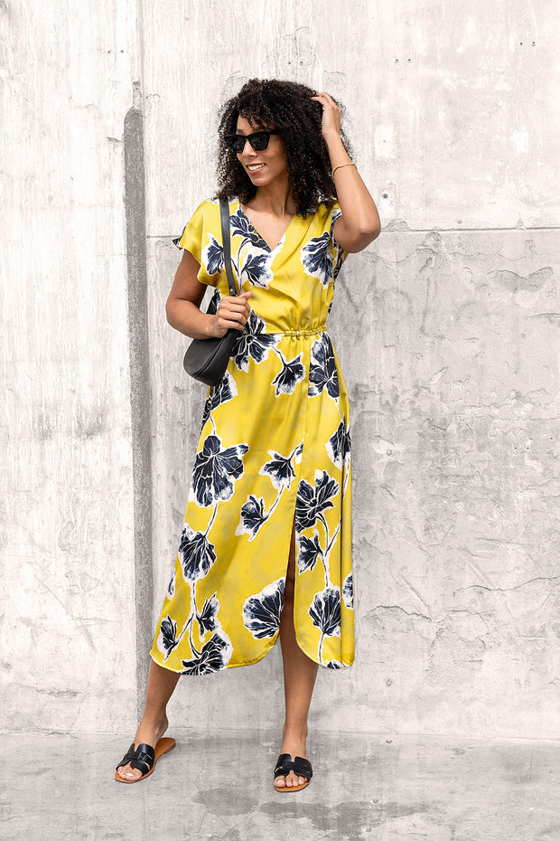 Satin Duchesse fabric Flowers Light Yellow