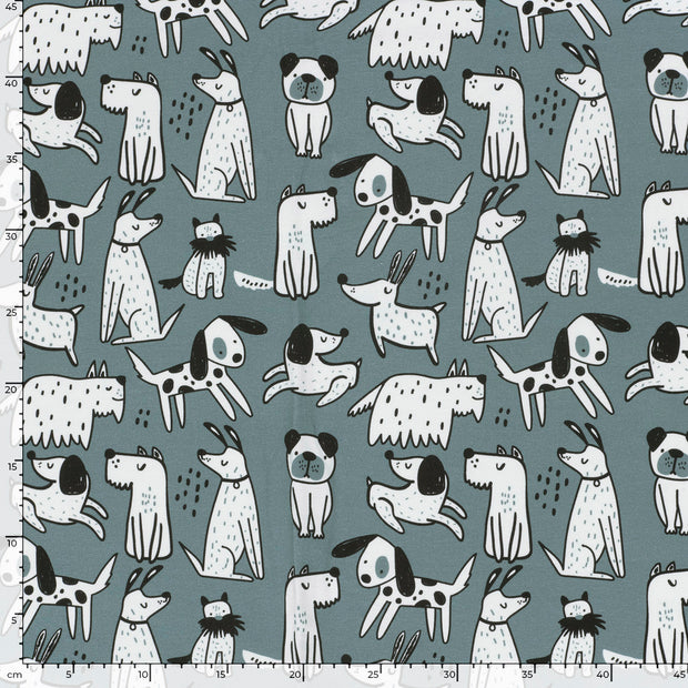 French Terry fabric Dogs Steel Blue