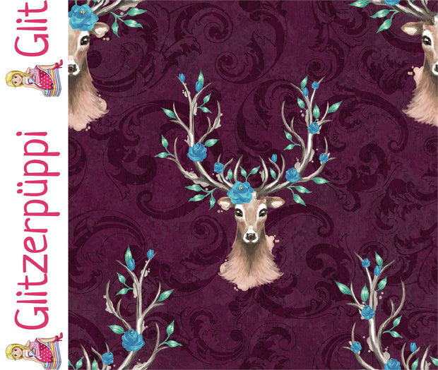 French Terry fabric Deer Wine red