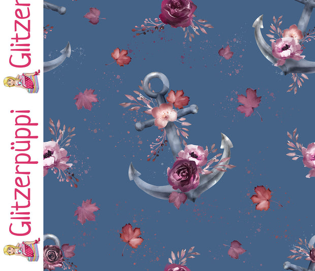 French Terry fabric Anchors Steel Blue