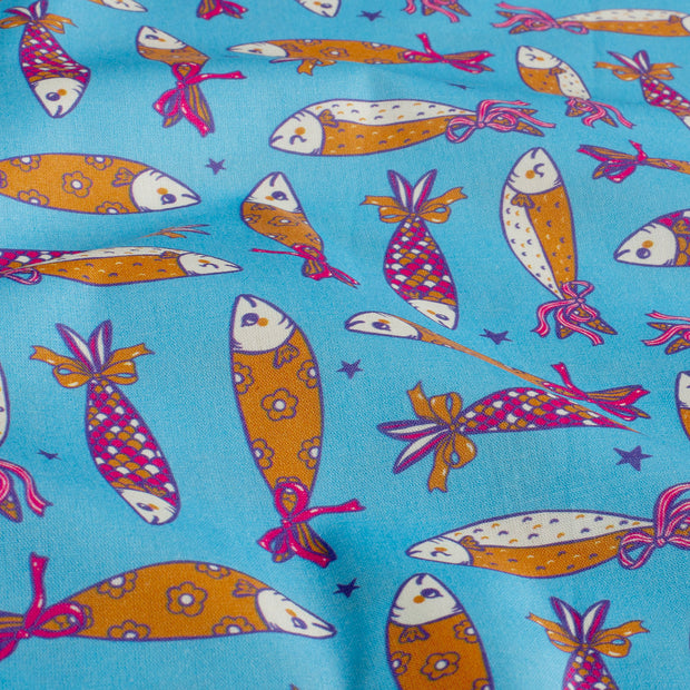 Cotton Poplin fabric Fish Aqua