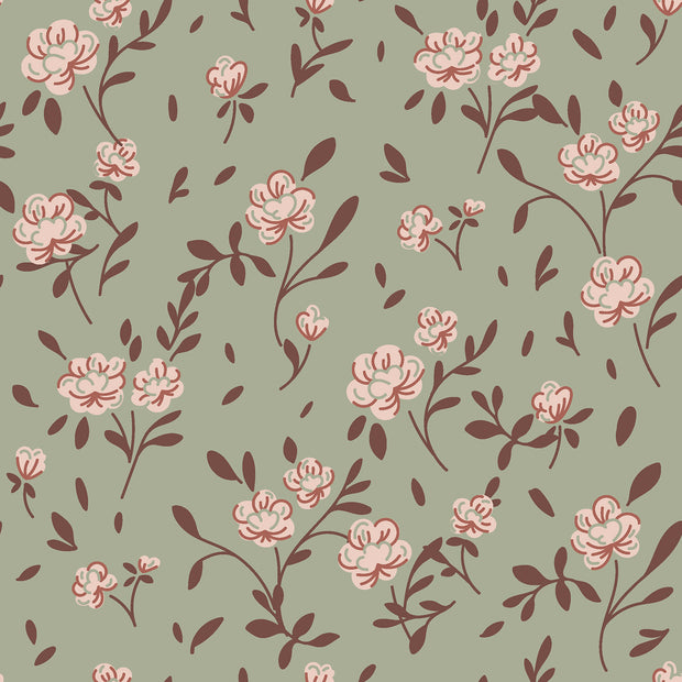 Terry Crepe fabric Flowers Olive Green