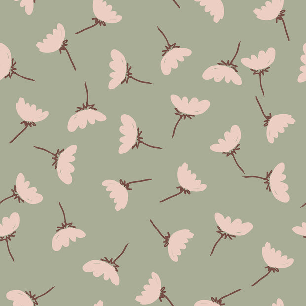 Jersey fabric Flowers Olive Green