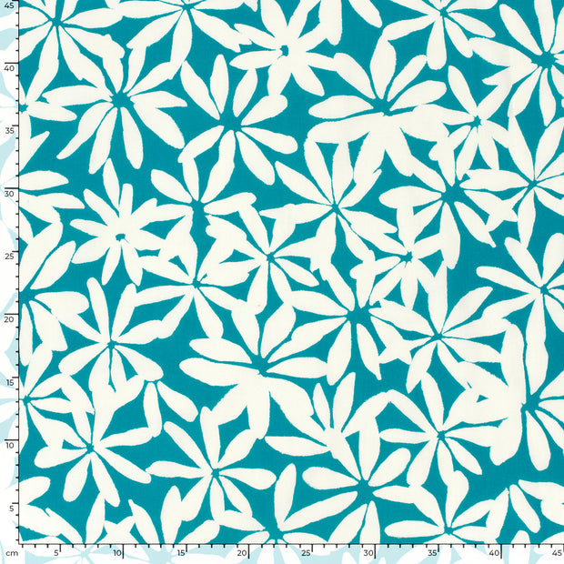 Cotton Satin fabric Flowers Petrol