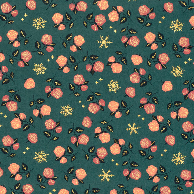 Cotton Poplin fabric Christmas stars Khaki Green