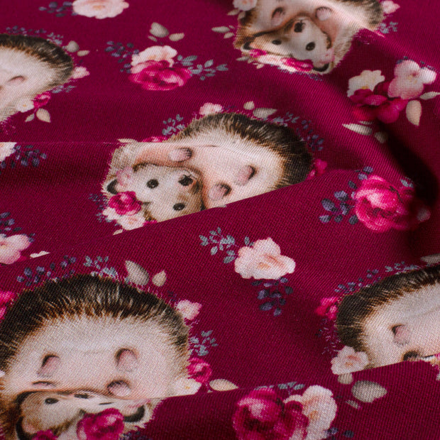 French Terry fabric Hedgehog Wine red