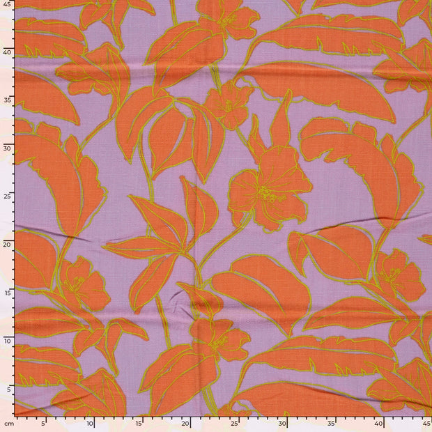 Woven Viscose Linen fabric Flowers Lila