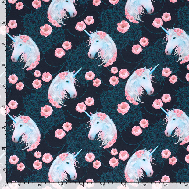 French Terry fabric Unicorn Navy