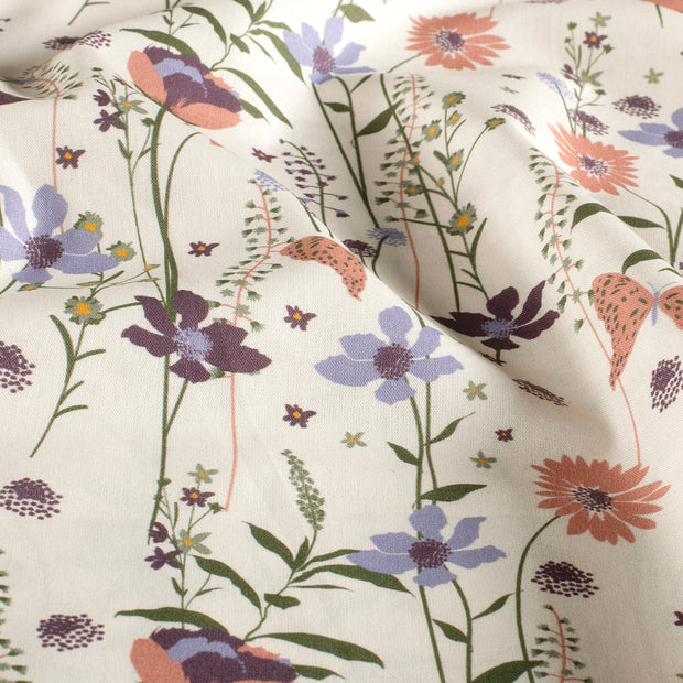 Cotton Poplin fabric Flowers Off White