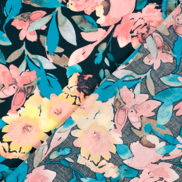 Linen Look fabric Flowers printed 