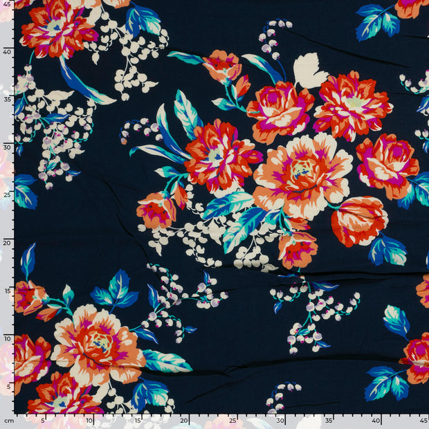 Bamboo Poplin fabric Flowers Navy