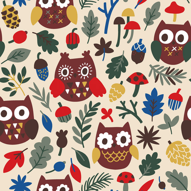 French Terry fabric Owls Beige