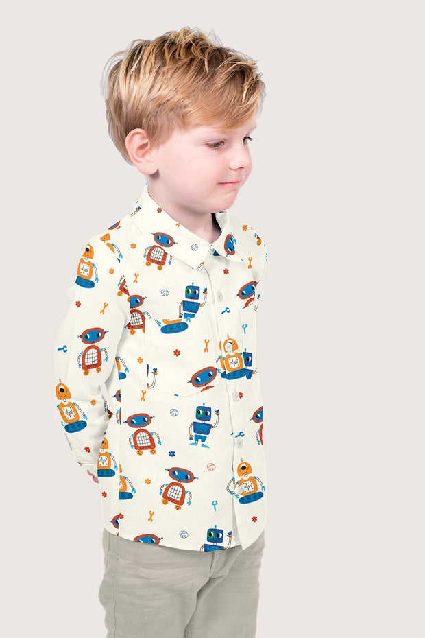 Cotton Poplin fabric Robots Off White