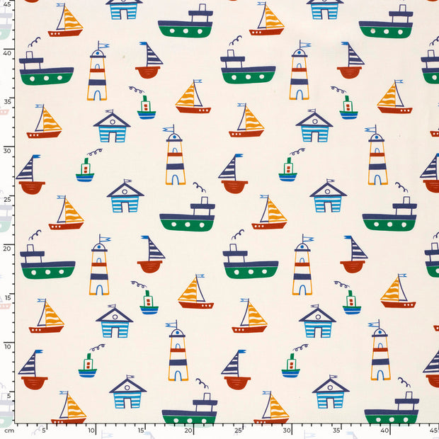 Cotton Poplin fabric Sailboats Off White