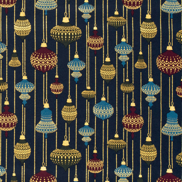 Cotton Poplin fabric Christmas balls Navy