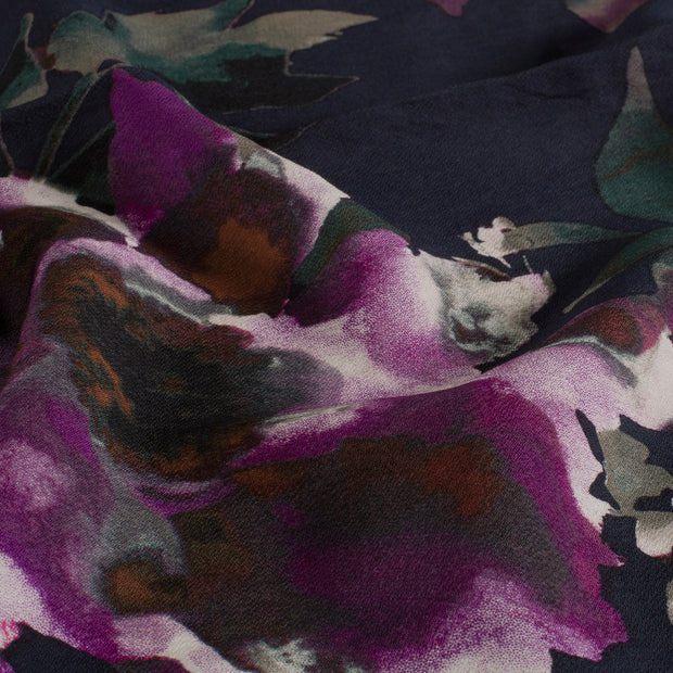 Viscose Nylon Crepe fabric Flowers Dark Indigo