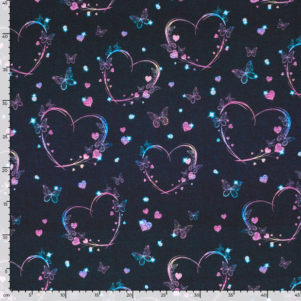 French Terry fabric Hearts Indigo