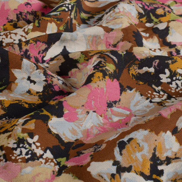 Viscose Nylon Crepe fabric Flowers Brown