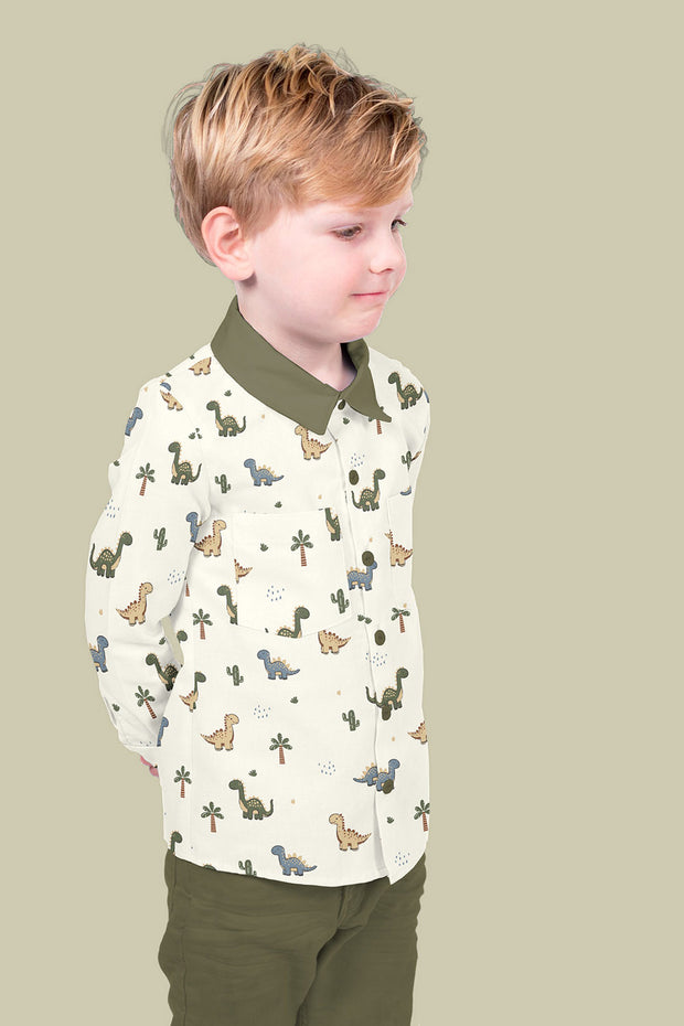 Cotton Poplin fabric Dinosaurs Off White