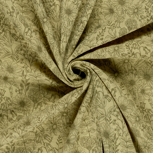 Muslin fabric Khaki Green printed 