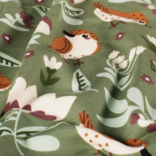 French Terry fabric Birds Dark Mint